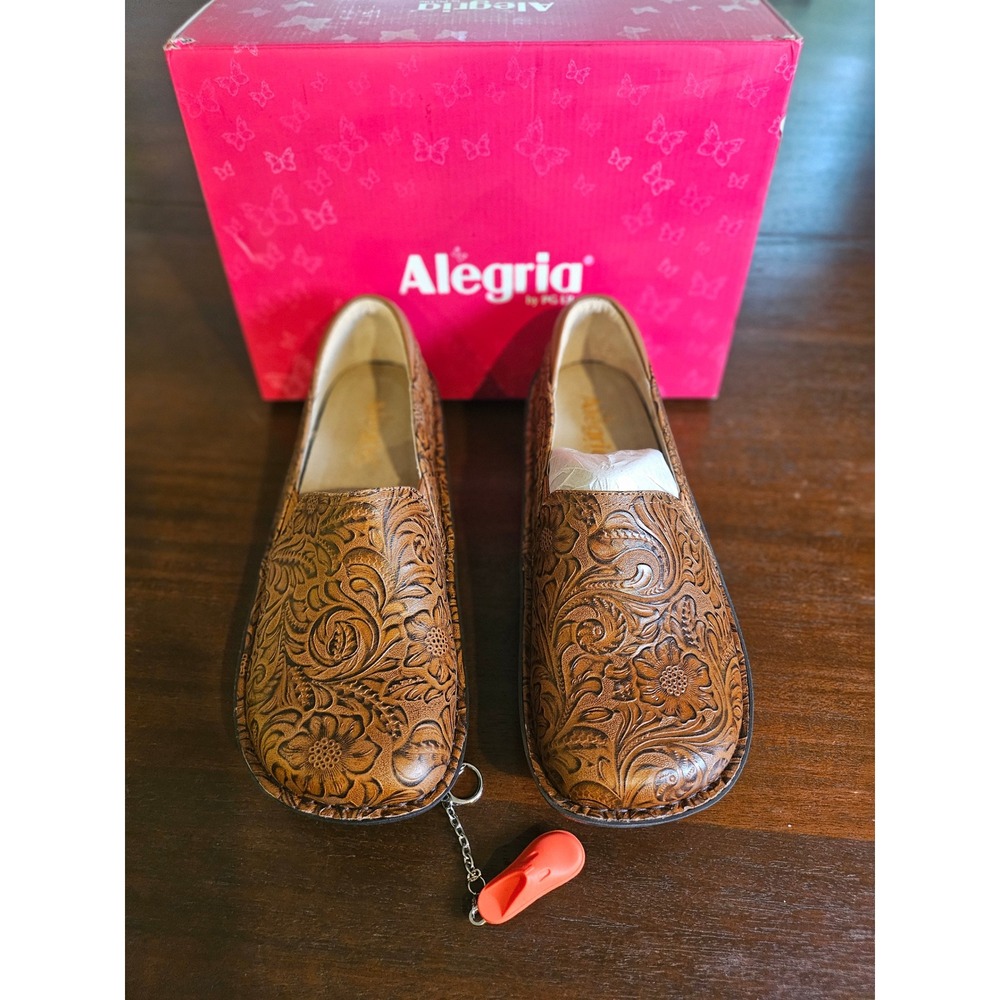 Alegria Debra Clogs Women 41 US 9.5 Brown Tawny Wide Floral Leather DEB-7606W
